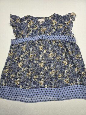 Loft Outlet Blue & Yellow Floral Patterned Top XL Babydoll Blouse